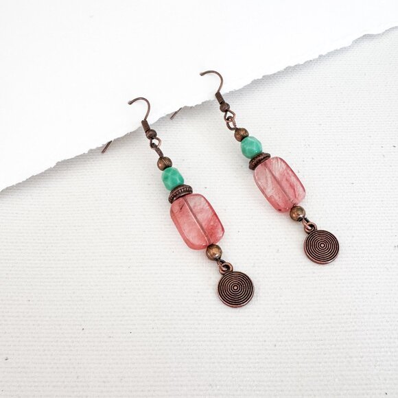 Handmade Cherry Quartz & Copper Dangle Earrings - Picture 3 of 9